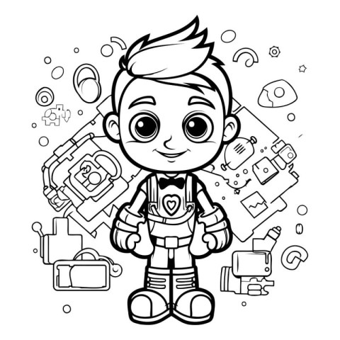 Black and white vector illustration of a boy astronaut. Coloring