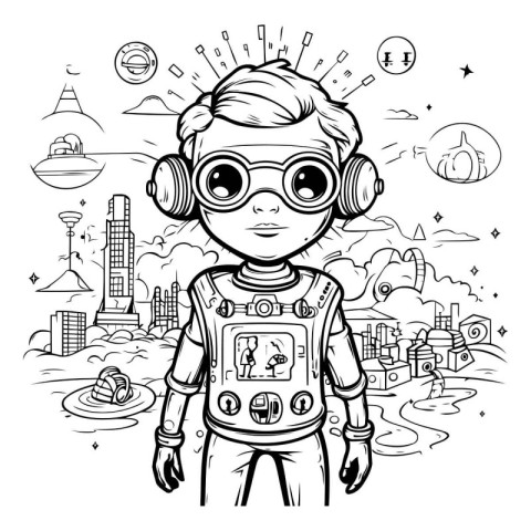 Black and White Cartoon Illustration of Astronaut Fantasy Charac