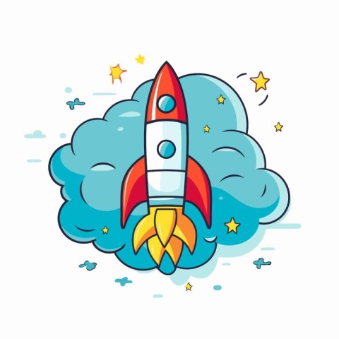 Cartoon rocket with cloud and stars. Vector illustration for you