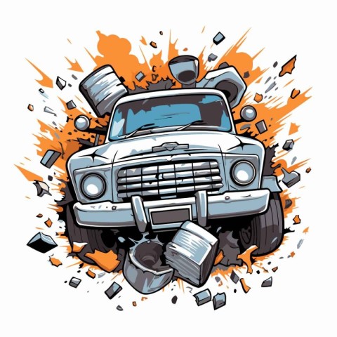 Vector illustration of a retro car on a background of explosion