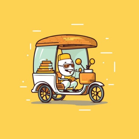 Cartoon tuk tuk taxi driver. Vector illustration on yellow backg