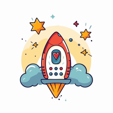 Rocket with cloud and stars. Vector illustration in flat cartoon