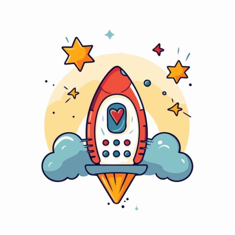 Rocket with cloud and stars. Vector illustration in flat cartoon
