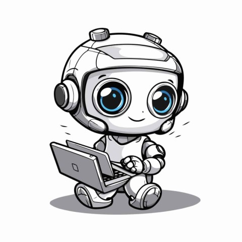 Cute robot working with laptop character vector illustration. Ca