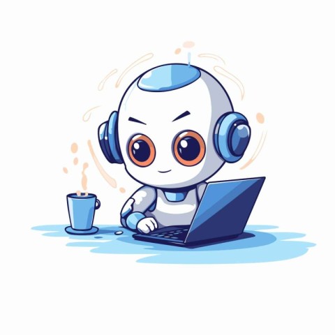 Cute robot working on laptop. Vector illustration. Isolated on w