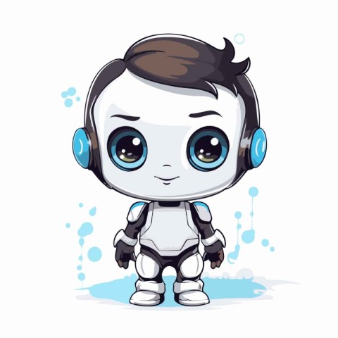 Cute little robot with headphones. Vector illustration on white