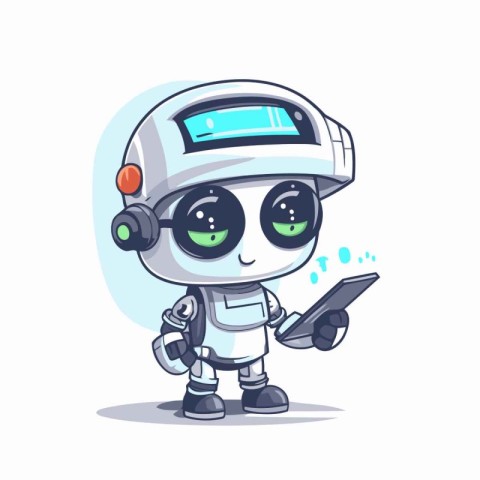 Cute robot with a laptop. Cute cartoon vector illustration.