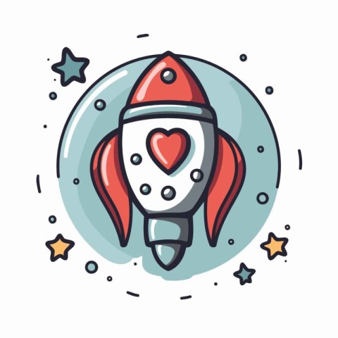 Space rocket with heart. Vector illustration in doodle style.