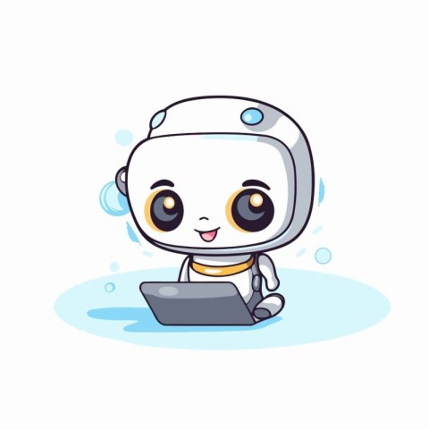 Cute robot with laptop. Cute cartoon character. Vector illustrat