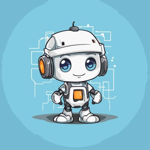 Cute robot with headphones. Cute cartoon character. Vector illus