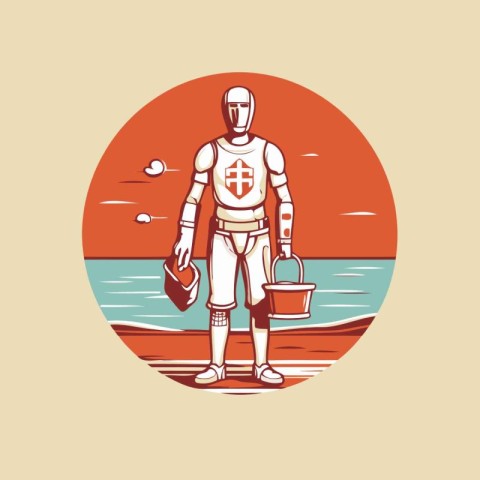 Robot holding a bucket on the background of the sea. Vector illu