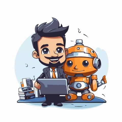 Vector illustration of a cartoon robot working on a laptop. Isol