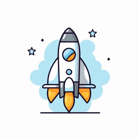 Rocket icon in flat line style. Spaceship vector illustration on