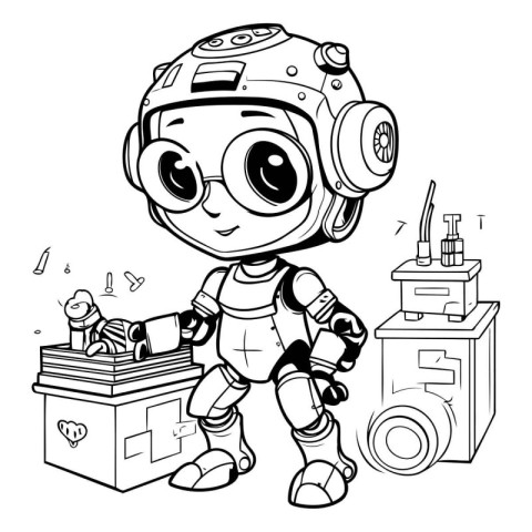 Black and White Cartoon Illustration of Cute Astronaut Boy Chara