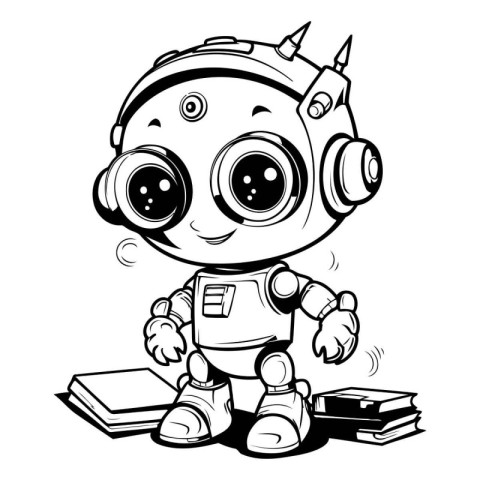 Black and White Cartoon Illustration of Cute Astronaut Fantasy C