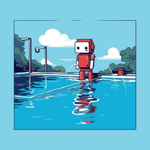 Robot in the water. Vector illustration in flat cartoon style.