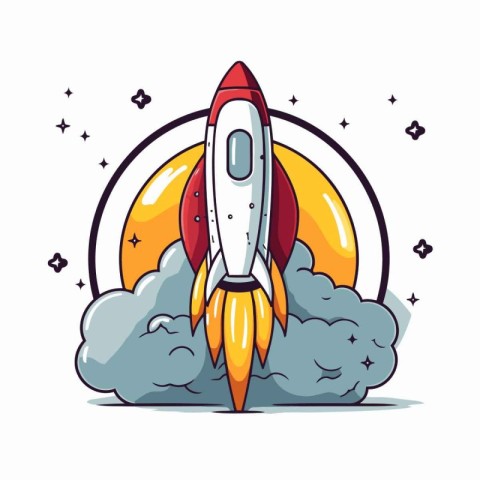 Cartoon rocket with clouds. Vector illustration in a flat style.