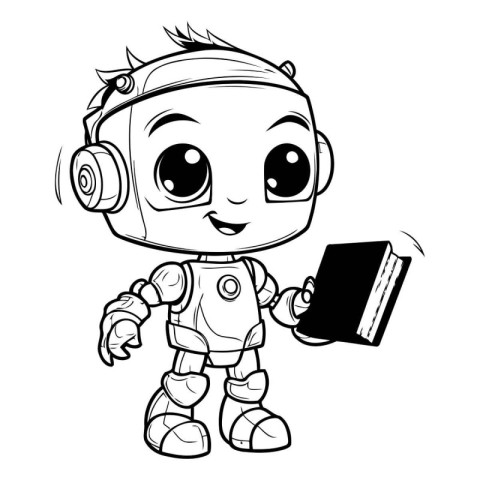 Cute robot with a book. Black and white vector illustration.