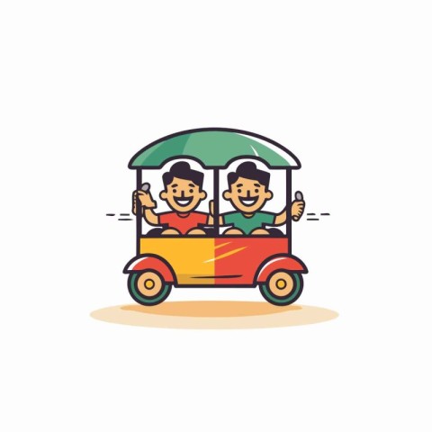 Couple riding a tuk tuk car with thumbs up. Vector illustration.