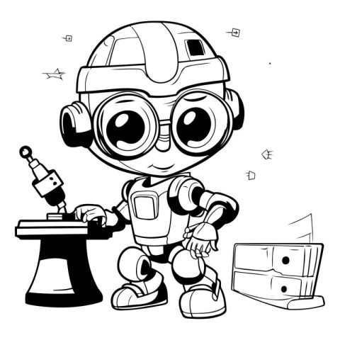 Black and White Cartoon Illustration of Cute Little Boy Astronau