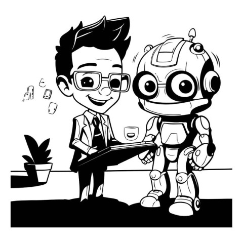 Robot and businessman working together. Black and white vector i