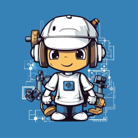 Cute robot in helmet and headphones. Cute cartoon vector illustr