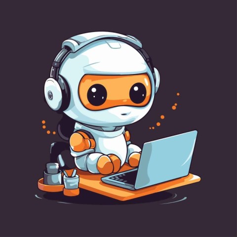 Cute robot with laptop and headphones. Vector cartoon character