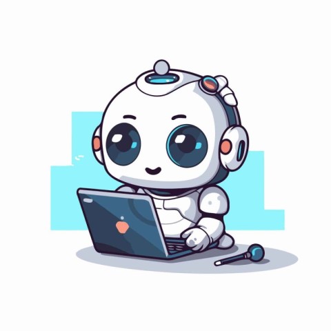 Cute little robot working with laptop. Cute cartoon character. V