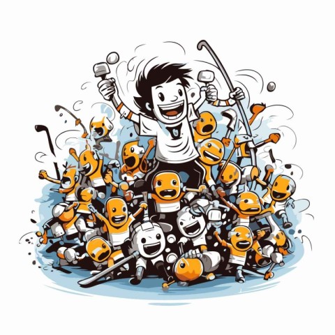 Vector illustration of a group of funny cartoon robots playing h