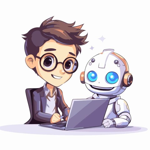 Cute boy with robot working on laptop computer. Vector illustrat