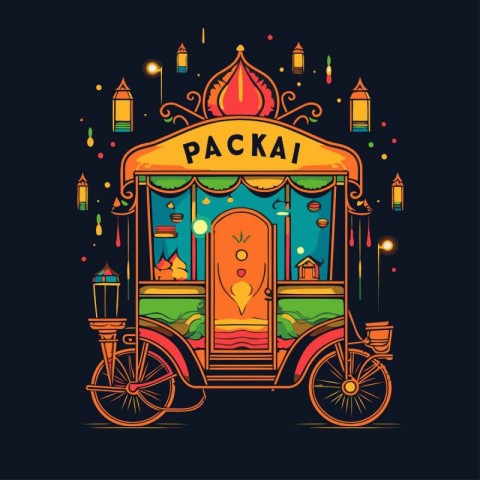 Vector illustration of a colorful indian street food cart on dar