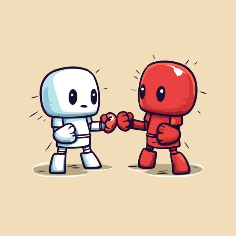 Robot and red robot fight. Cute cartoon character vector illustr