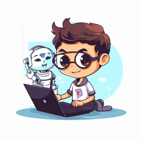 Cute boy working on his laptop. Vector illustration in cartoon s