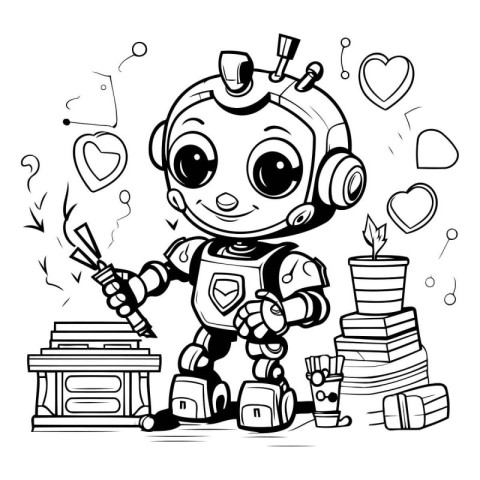 Cute little robot boy. Black and white vector illustration for c