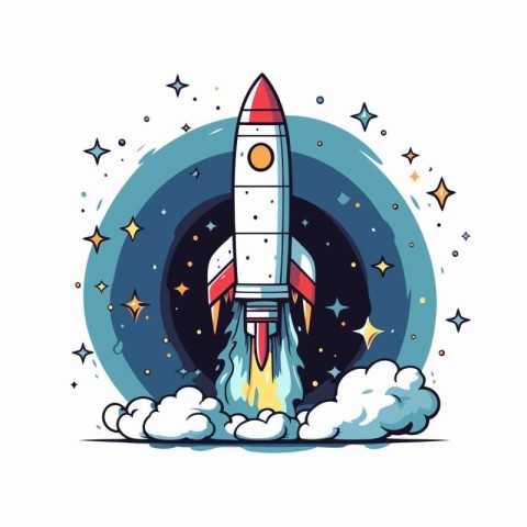 Rocket in space. Vector illustration in flat style on a white ba