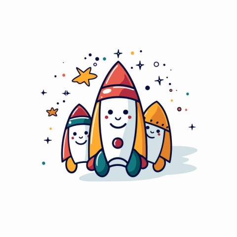 Cute rocket with stars and space shuttle. Vector cartoon illustr