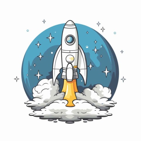 Space rocket flying in the sky. Vector illustration in cartoon s