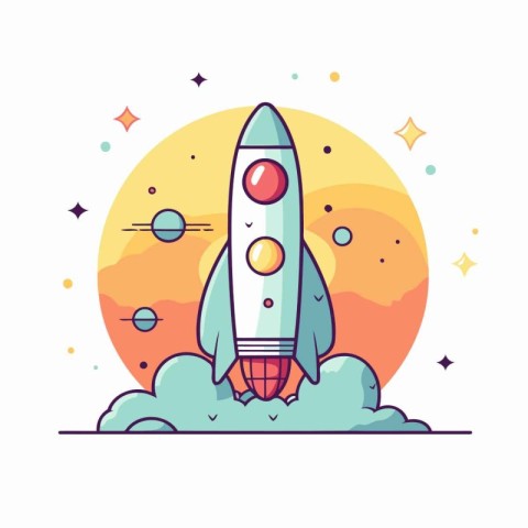 Rocket in the sky. Vector illustration in flat linear style. Sta