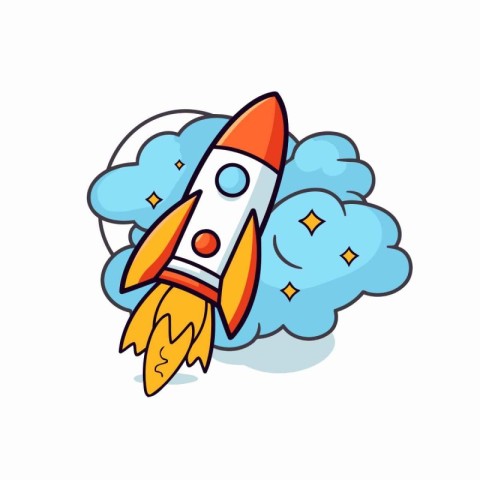 Space rocket with clouds and stars. Vector illustration in carto