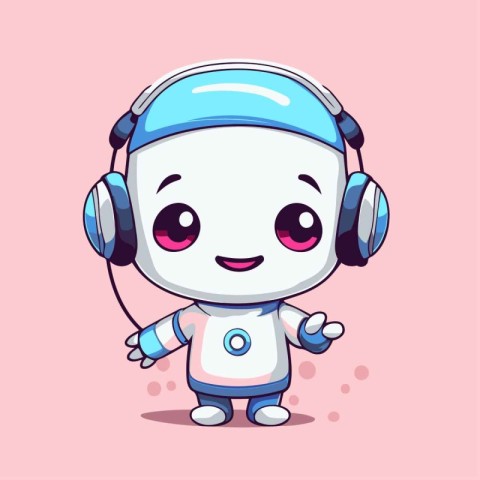 Cute cartoon robot with headphones listening to music. Vector il