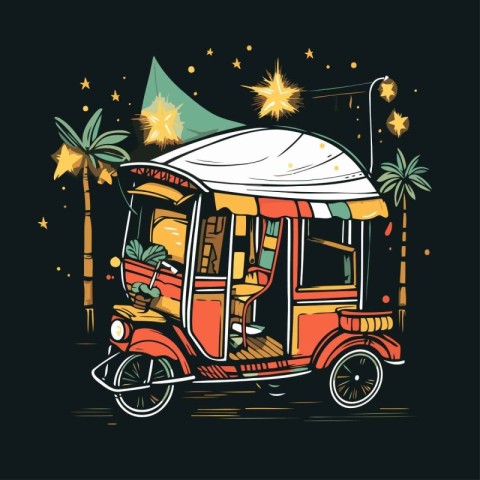 Tuk-tuk with palm trees and star. Vector illustration.