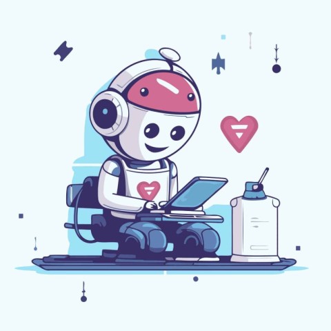 Vector illustration of a cute robot working on a laptop. Cute ca