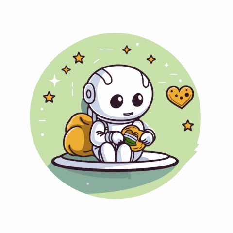 Cute little robot with carrot and heart on white background. Vec