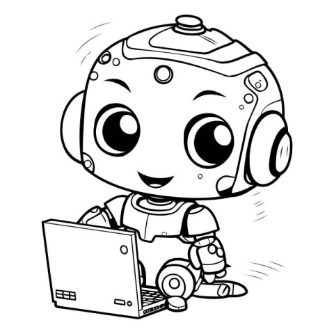 Black and White Cartoon Illustration of Cute Little Astronaut wi