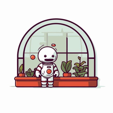 Cute robot in a greenhouse. Vector illustration in flat style.