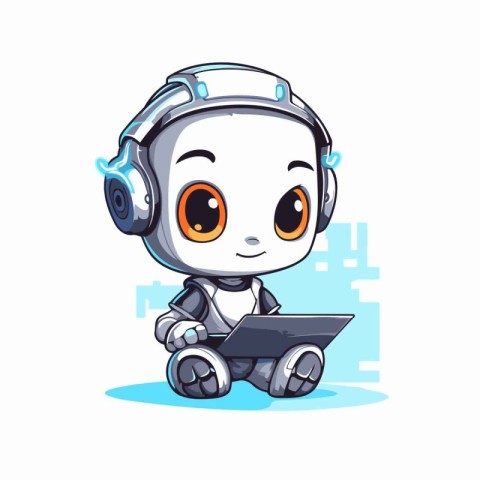 Cute little robot with a laptop. Vector illustration isolated on