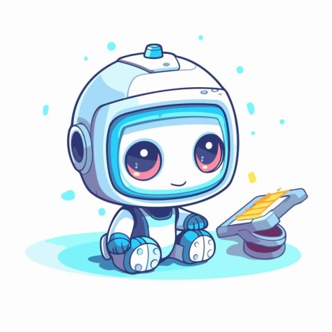 Cute cartoon robot with smartphone. Vector illustration on white