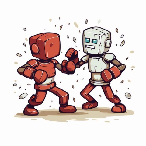 Cartoon robot fighting with another robot. Hand drawn vector ill