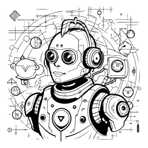 Vector illustration of a robot on a white background. Robot in h