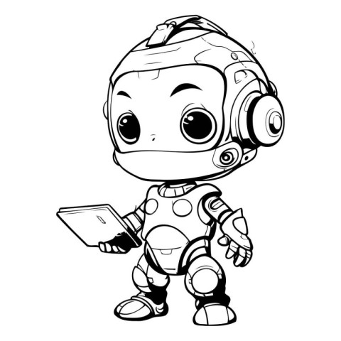 Cute cartoon astronaut with tablet computer. Vector illustration